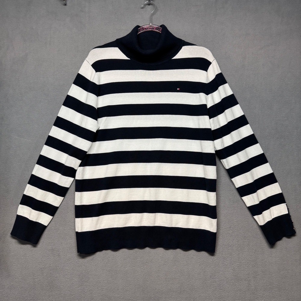 Tommy Hilfiger Turtleneck Sweater Striped Nautical L Navy? White Preppy Classic